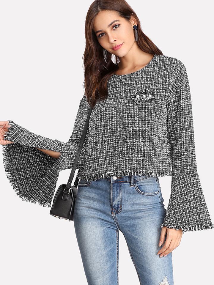 Shein Pearl Beading Split Trumpet Sleeve Tweed Top
