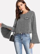 Shein Pearl Beading Split Trumpet Sleeve Tweed Top