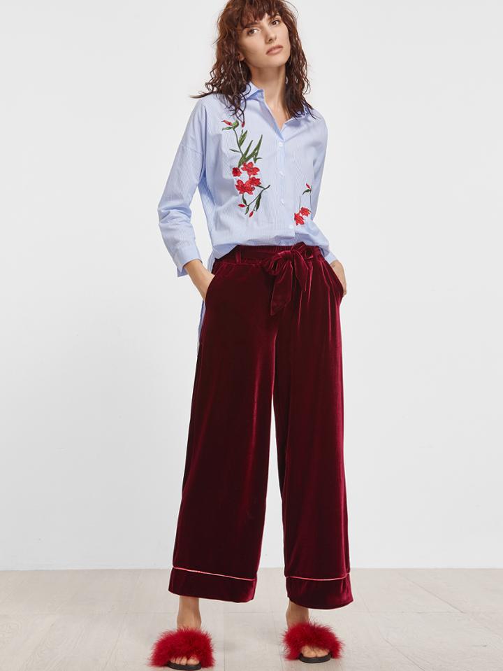 Shein Burgundy Velvet Self Tie Wide Leg Pants