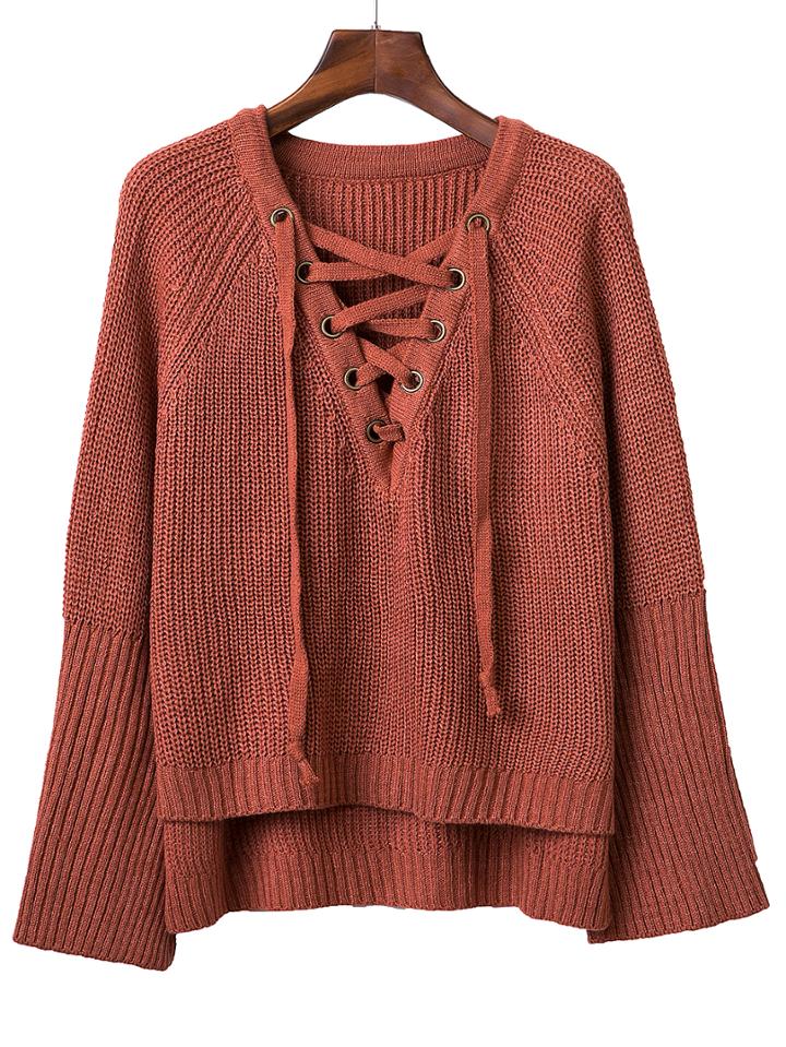 Shein Maroon V Neck Lace Up Raglan Sleeve Sweater