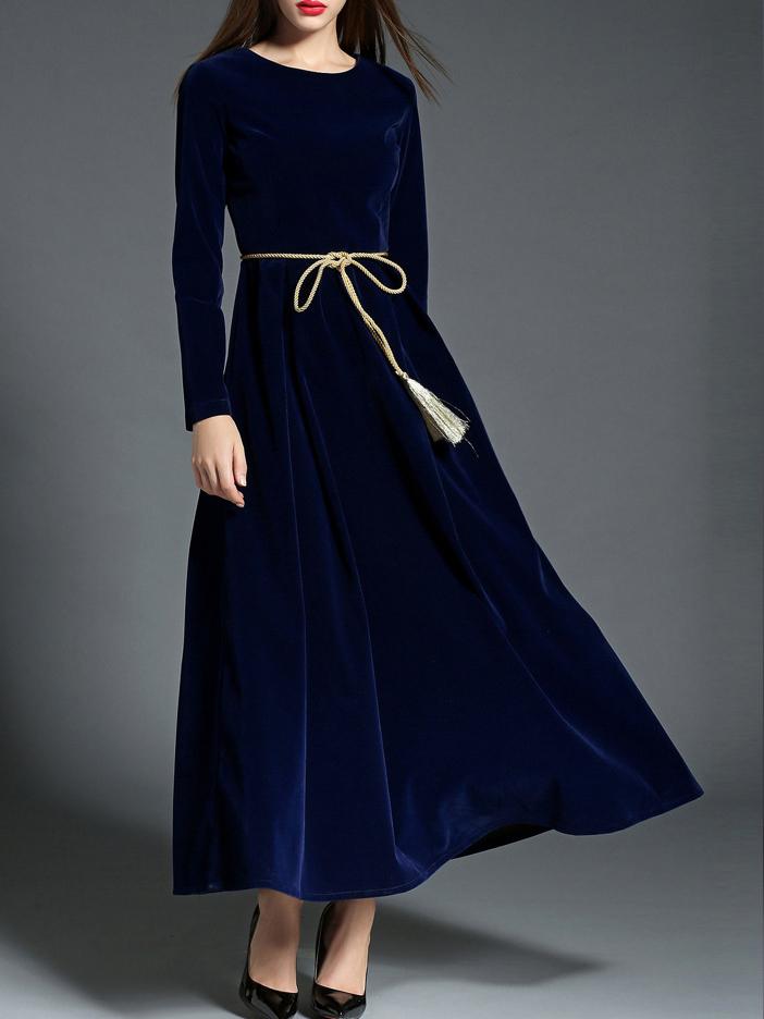 Shein Navy Tie-waist Velvet Maxi Dress