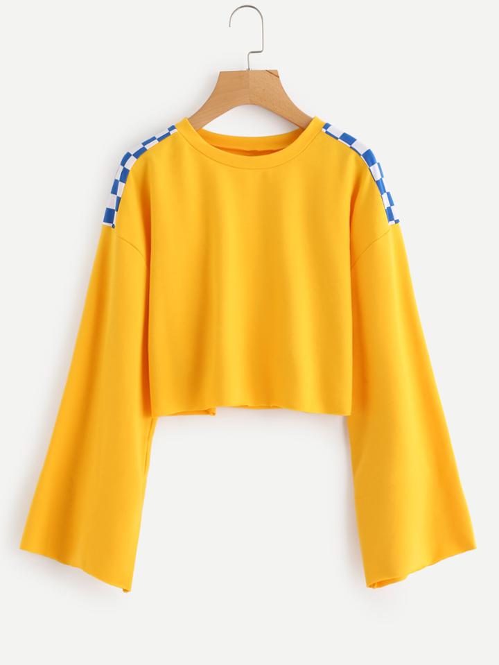 Shein Checkered Panel Raw Edge Crop Pullover