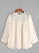 Shein Beige Contrast Embroidered Mesh Keyhole Back Top