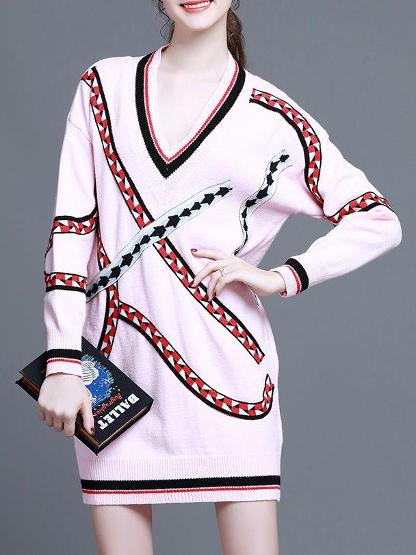 Shein Pink Color Block V Neck Sweater