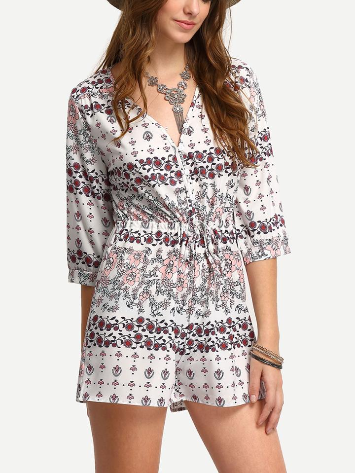 Shein Flower Print Buttoned & Tied Front Romper