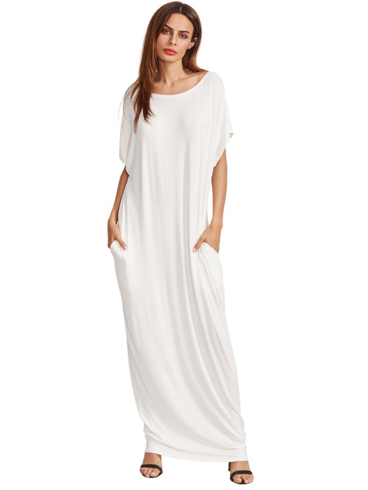 Shein Beige Short Sleeve Shift Maxi Dress With Pocket