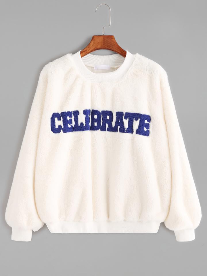 Shein Beige Ribbed Trim Letter Patches Fuzzy Sweatshirt