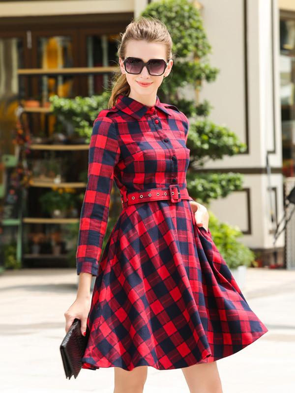 Shein Red Blue Lapel Plaid Epaulet Dress