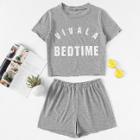Shein Heather Knit Graphic Tee & Shorts Pj Set
