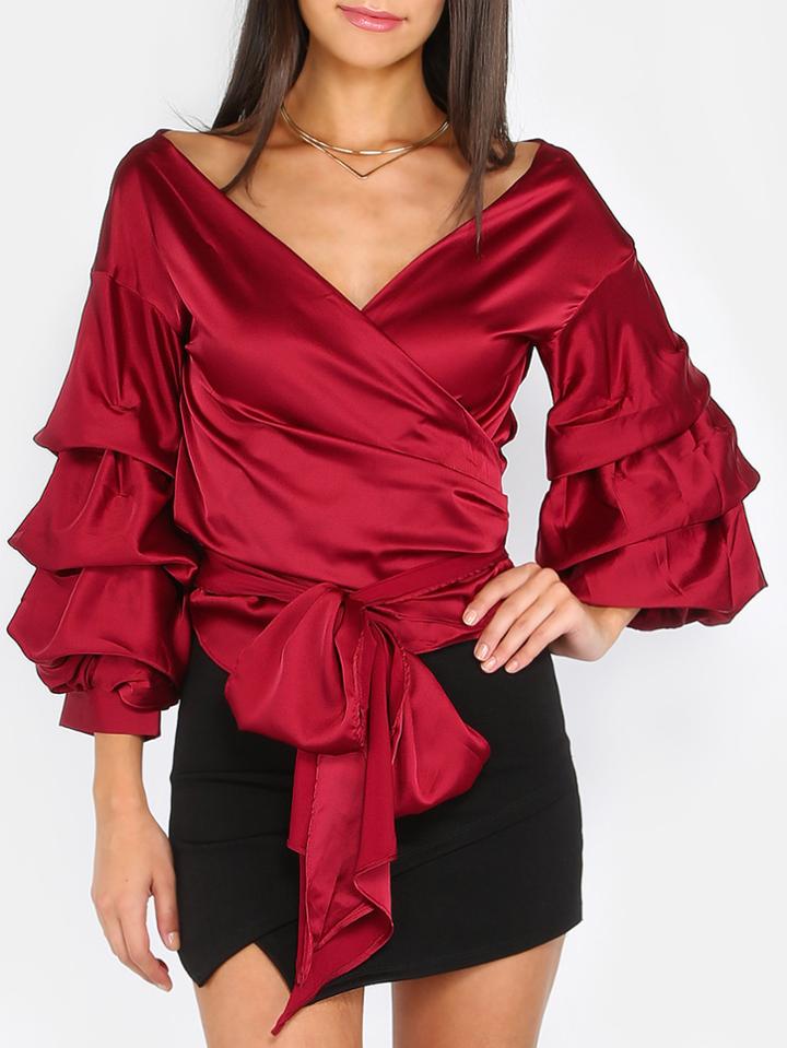 Shein Billow Sleeve Wrap Top Wine