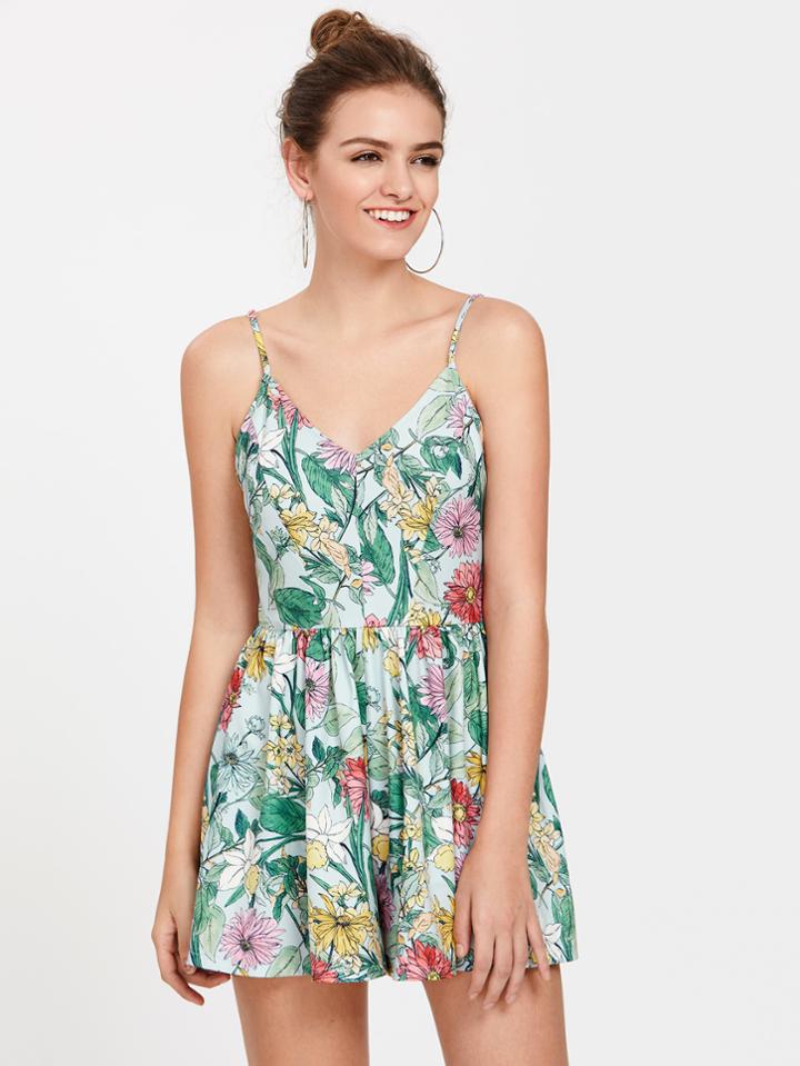 Shein Crisscross Back Tropical Cami Romper