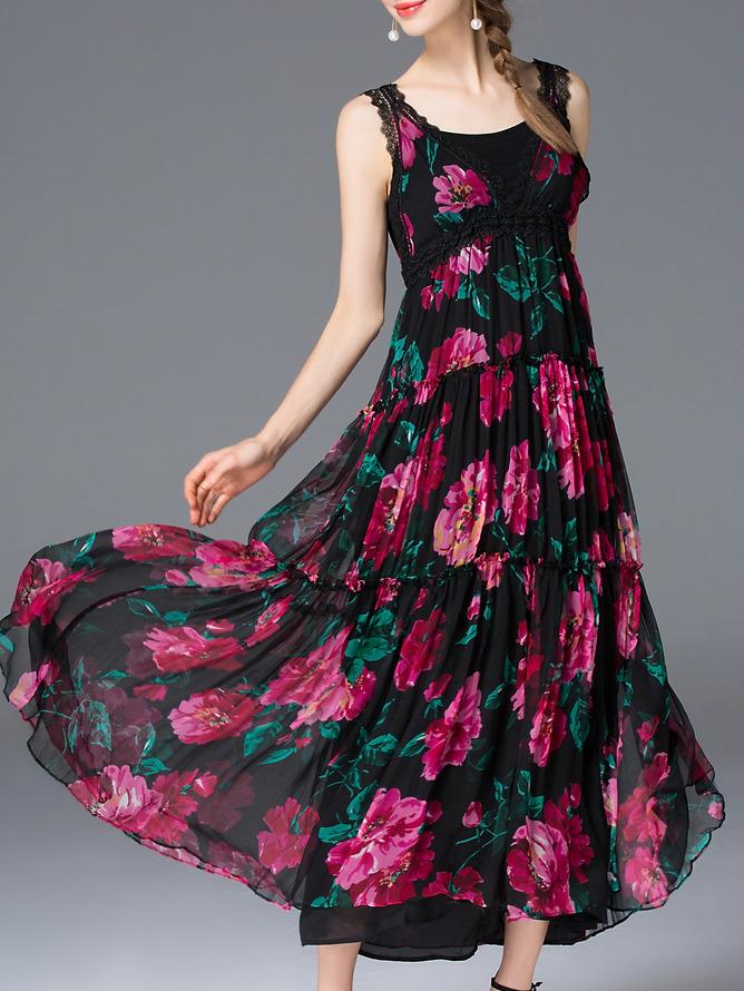 Shein Black Strap Pleated Print Maxi Dress