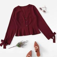 Shein Button Front Knot V-neck Peplum Top