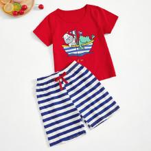 Shein Boys Frog Print Tee With Striped Drawstring Shorts