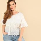 Shein Plus Button Detail Embroidery Eyelet Hem Blouse