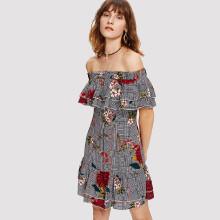 Shein Layered Flounce Detail Mixed Print Bardot Dress
