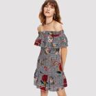 Shein Layered Flounce Detail Mixed Print Bardot Dress