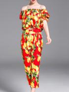 Shein Red Off The Shoulder Lemons Top With Pants