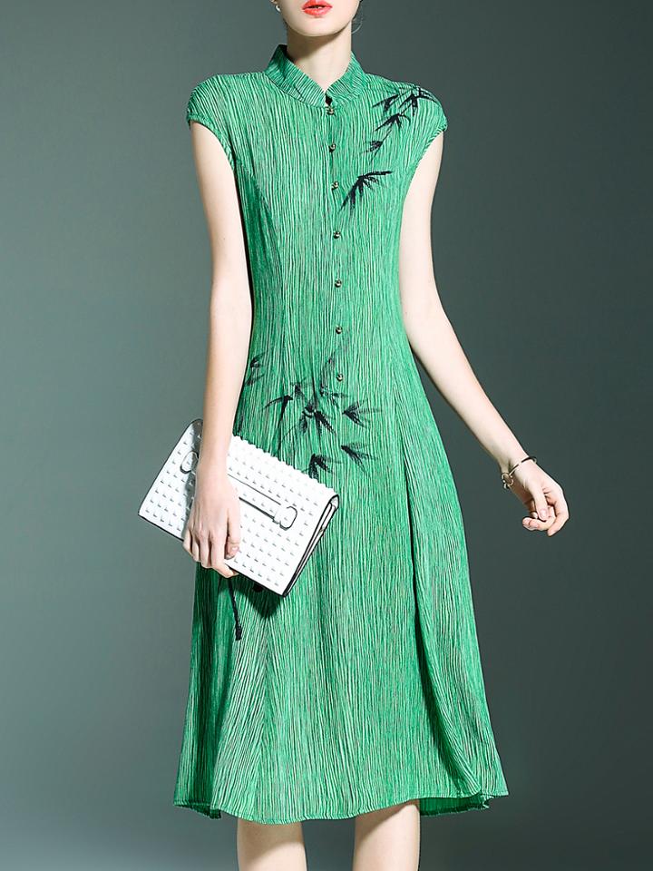 Shein Green Collar Print Pleated Dress