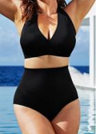 Rosewe Black High Waist Padded Halter Two Piece Swimwear