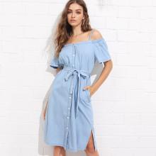 Shein Cold Shoulder Tie Waist Split Side Denim Dress