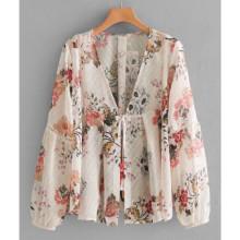 Shein Random Florals Ladder Lace Panel Chiffon Blouse