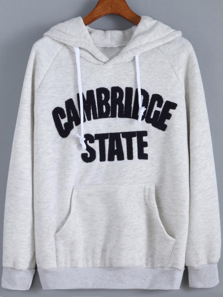 Shein Grey Hooded Letters Print Loose Sweatshirt