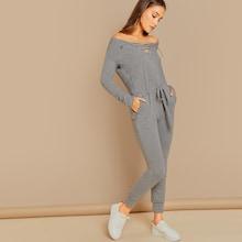 Shein Lace-up Front Tie Waist Bardot Jumpsuit