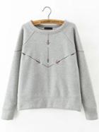 Shein Grey Round Neck Arrow Embroidered Sweatshirt