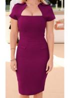 Rosewe Short Sleeve Zipper Closure Purple Sheath Dress