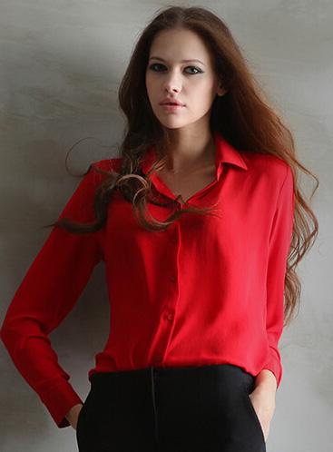 Shein Red Lapel Long Sleeve Chiffon Blouse
