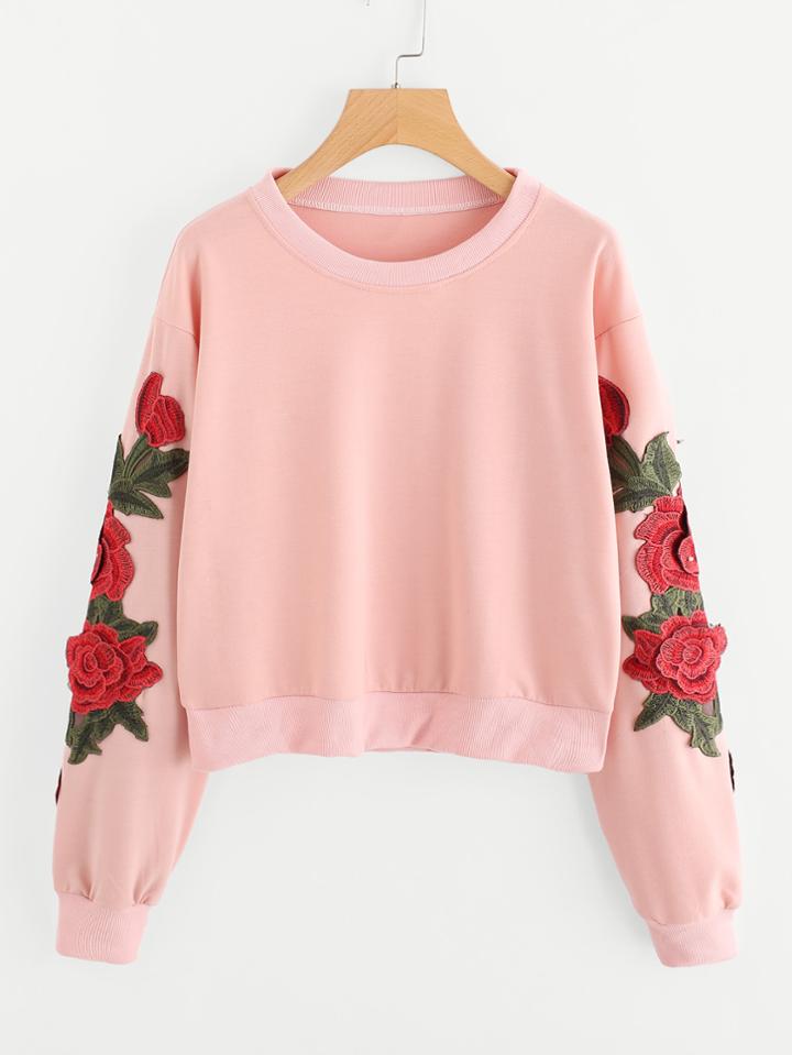 Shein 3d Embroidered Applique Crop Sweatshirt