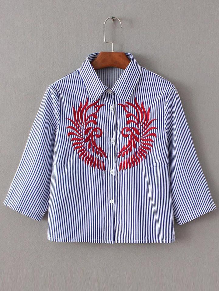 Shein Blue Vertical Striped Embroidery Elbow Sleeve Blouse