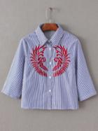 Shein Blue Vertical Striped Embroidery Elbow Sleeve Blouse