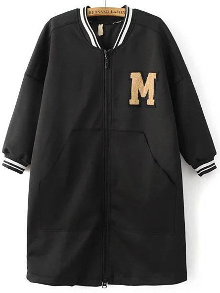 Shein Black Letter Patch Striped Trim Long Jacket With Net Back