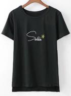 Shein Black Short Sleeve Dipped Hem Letters Embroidery T-shirt