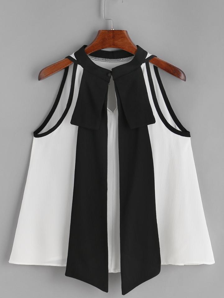 Shein White Contrast Trim Ribbon Detail Sleeveless Top