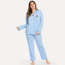 Shein Plus Bear Print Button Up Pajama Set