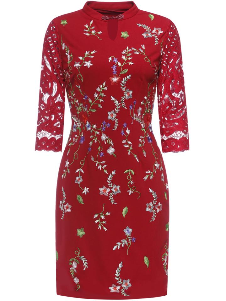 Shein Burgundy Collar Flowers Embroidered Sheath Dress