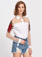 Shein 3d Embroidered Appliques Mesh Panel Shirt