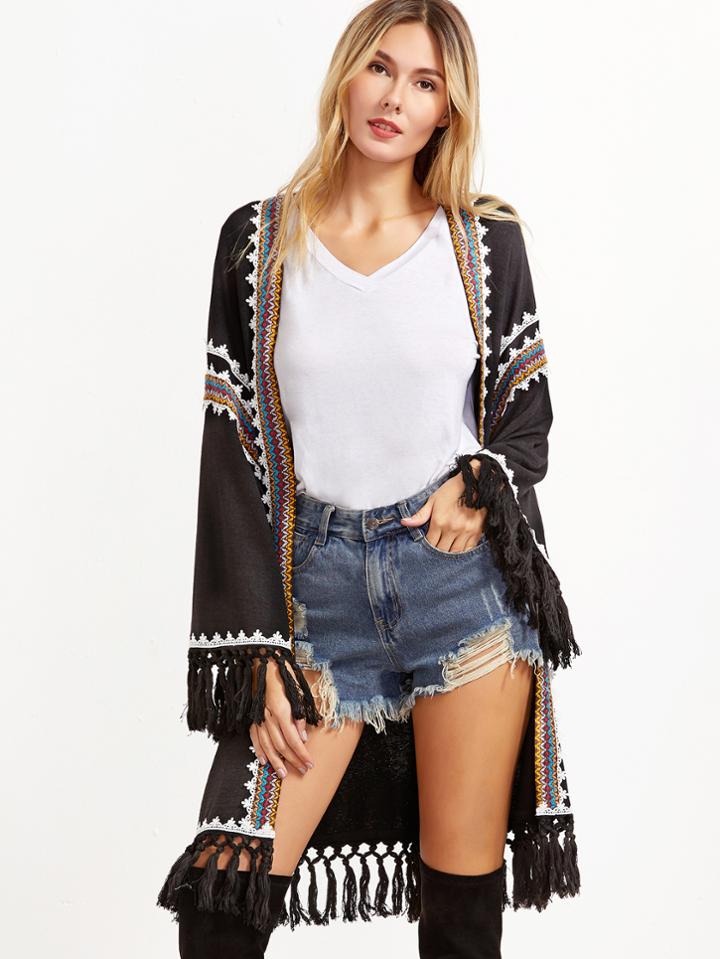 Shein Black Knotted Fringe Trim Embroidered Tape Embellished Coat