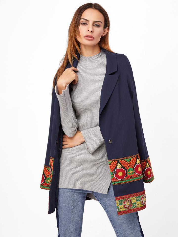 Shein Flower Embroidered Longline Blazer