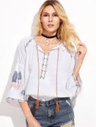 Shein Tribal Embroidered Tassel Tie Neck Bell Sleeve Blouse