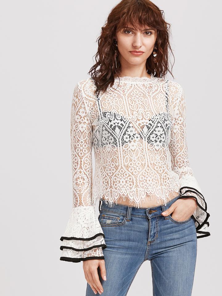 Shein Contrast Binding Bell Sleeve Floral Lace Top