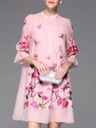 Shein Pink Sheer Bell Sleeve Flowers Embroidered Dress