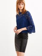 Shein Blue Bell Sleeve Floral Lace Top