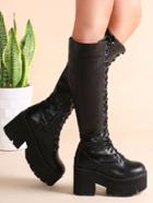 Shein Black Faux Leather Lace Up Platform Zipper Knee Boots