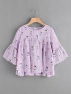Shein Vertical Striped Cats Print Bell Sleeve Smock Blouse