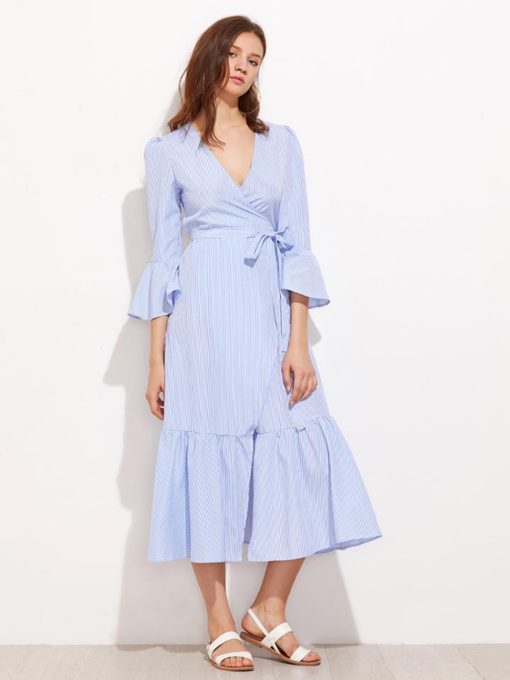 Shein Vertical Striped Puff Sleeve Frill Dress