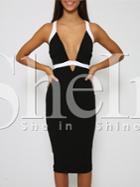 Shein Black Sleeveless Deep V Neck Slim Dress